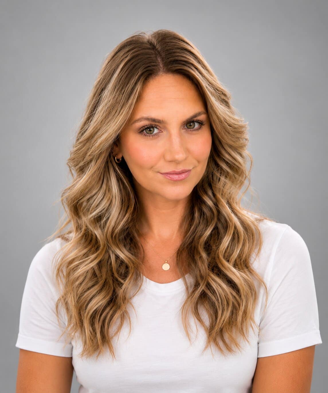 A smiling woman with long, wavy blonde hair and a white t-shirt with a gold necklace against a gray background.