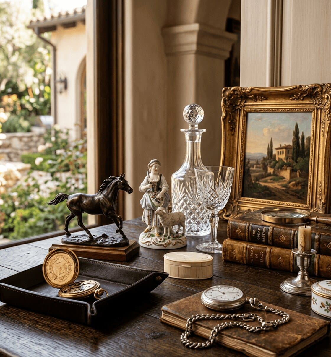 A wooden table displays a bronze horse, a shepherdess figurine, a crystal decanter, framed painting, and old books.