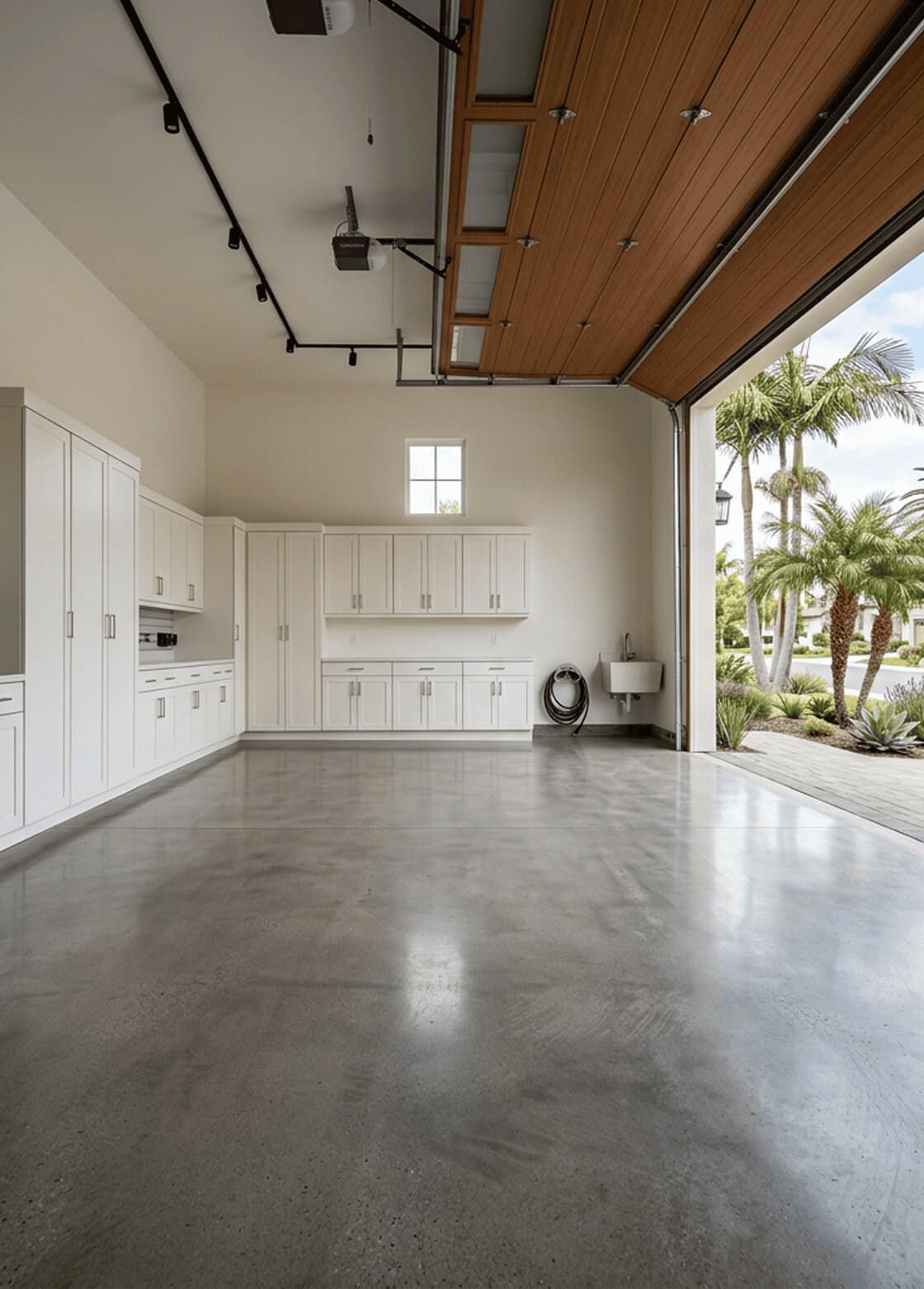 A spacious, clean garage with white cabinets and a polished concrete floor, opening to palm trees.