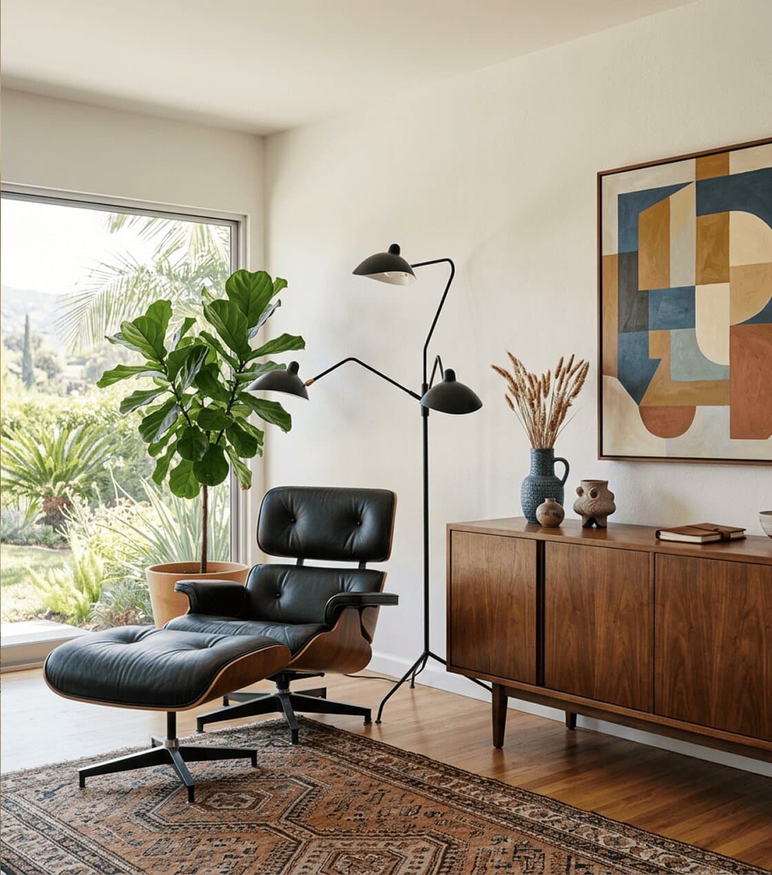 A mid-century modern living room with a black leather lounge chair, a fiddle-leaf fig, and a wooden credenza.