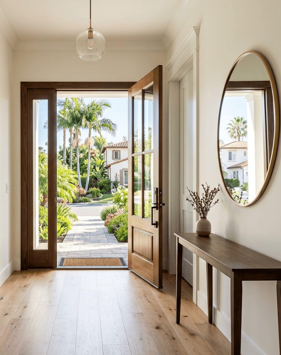 A bright entryway with light wood floors, an open wooden door revealing a lush garden, and a console table with a mirror.