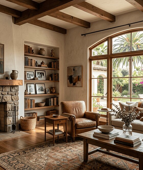 A cozy living room with a stone fireplace, built-in bookshelves, and a large arched window overlooking a garden.