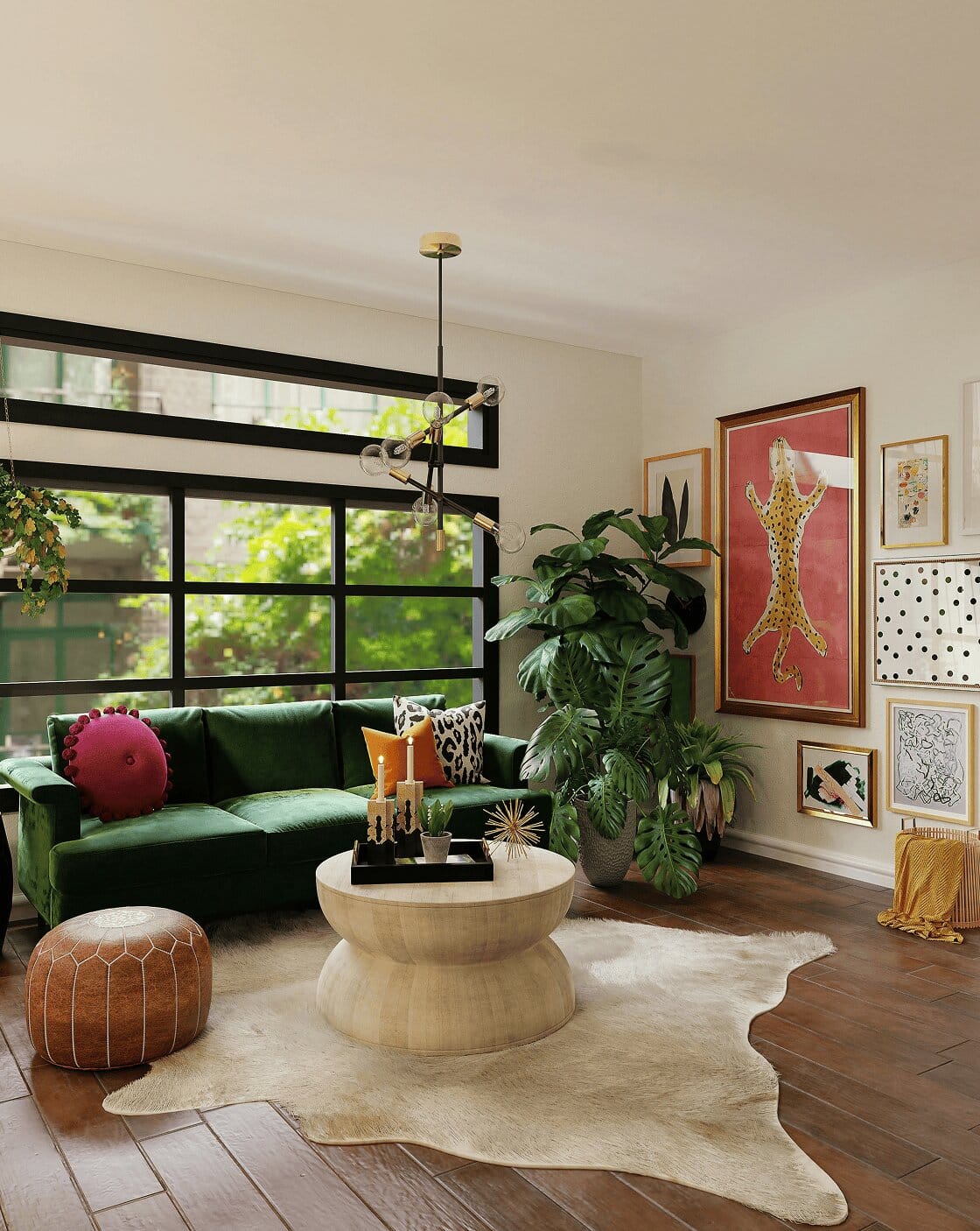 A vibrant living room with a green velvet sofa, a light wood coffee table, and a faux cowhide rug.