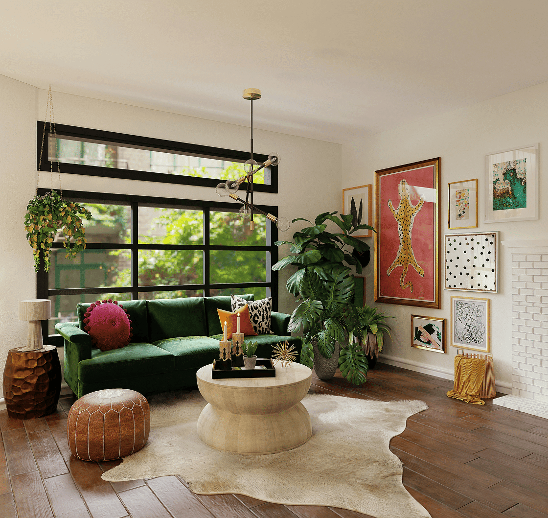 A vibrant living room features a green velvet couch, large window, and a gallery wall with a leopard print.